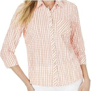 Foxcroft Hampton crinkle Peach Plaid Button-Down Shirt Size 6 fitted